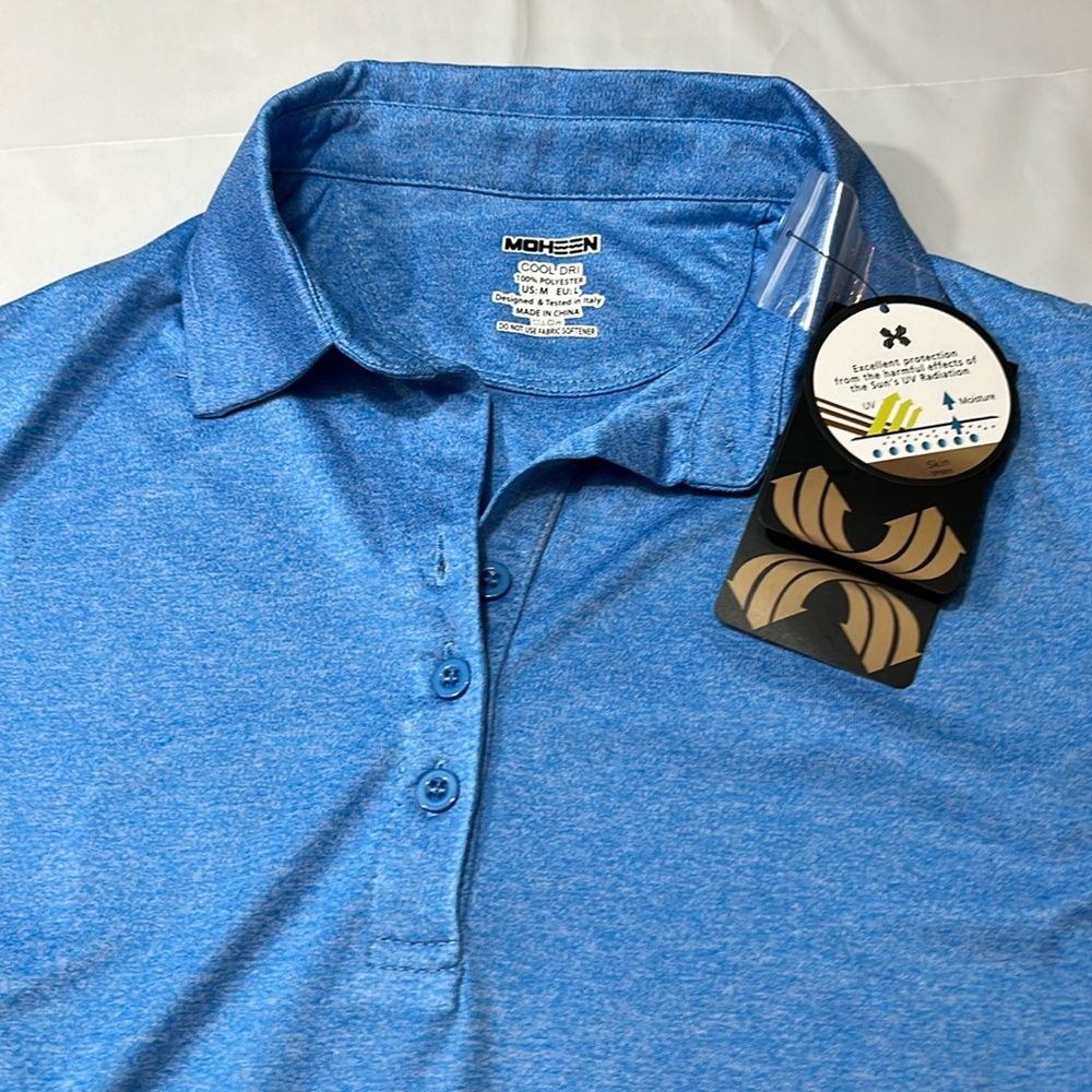NEW MOHEEN BLUE POLO SHIRT Cool DRI Polyester Shirt Women UPF 50 uva uvb 3/4 Slv